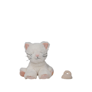 Olli Ella Binky Kiki white kitten close-up showing soft cotton face and stitched features, pocket-sized newborn comfort toy with simple expression inviting imaginative play