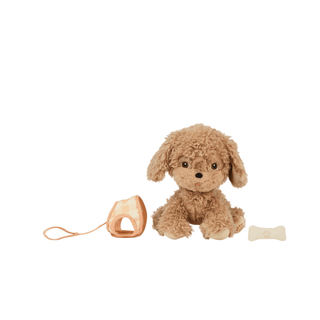 Olli Ella Dinkum Dog Goldie close-up showing curly golden fur texture, embroidered brown eyes and pink nose, weighted poseable body with soft floppy ears for tactile comfort