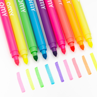 Dual-tip neon markers showing fluorescent colour lines in yellow, orange, green, purple, blue and pink, OMY felt tip pens with fine and broad tips for kids' colouring