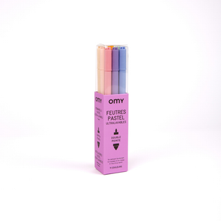 Pastel felt tip pens for kids with 9 soft-shade dual-tip markers in box that converts to pen pot, OMY gentle pastel colouring pens with fine and broad tips, designed in France, ages 5 plus