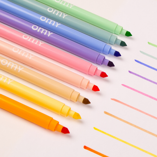 Pastel markers showing 9 soft colour lines in unique gentle shades, OMY dual-tip felt tip pens for delicate artwork and detailed colouring, designed in France