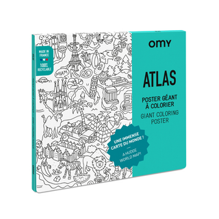 World map colouring poster for kids 70 x 100 cm with landmarks, animals and continents, OMY giant atlas on 120gr paper, educational geography gift, made in France