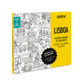 Lisbon colouring poster for kids 70 x 100 cm with Tram 28, Belem Tower and Alfama, OMY giant city map on 120gr paper, travel keepsake and wall art, crafted in France