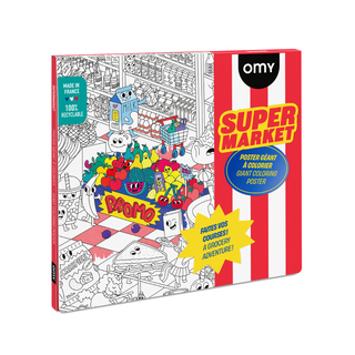 Supermarket colouring poster for kids 70 x 100 cm with funny products and wacky shoppers, OMY giant poster on 120gr paper, frameable wall art, French designed
