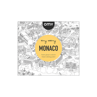 OMY x Eeny Meeny exclusive Monaco giant colouring poster showing detailed black and white illustration of Monaco landmarks, harbour and streets, folded format
