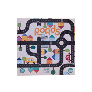 Road building game for kids with 6 toy cars and connecting circuit pieces in illustrated gift box, Londji Roads Family Game creative construction game, ages 4 plus