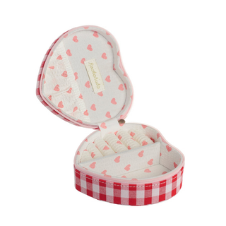 Gingham love heart jewellery box open showing pink heart lining, earring slots and slip pocket, Rockahula Kids organised children's jewellery and accessory storage