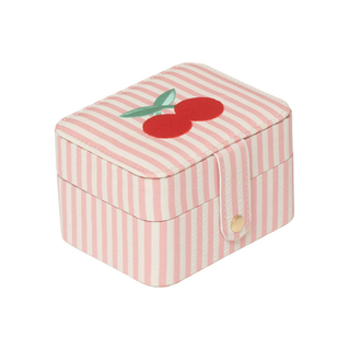 Girls' jewellery box in stripy fabric with embroidered cherry on lid and popper closure, Rockahula Kids recycled material keepsake box, birthday gift for children aged 3 plus
