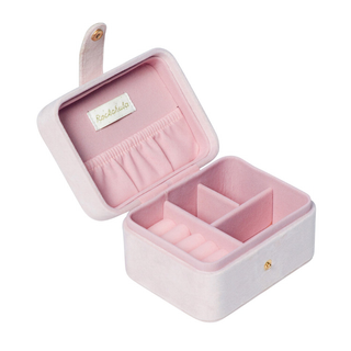Stripy cherry jewellery box open showing 4 compartments, ring slots and cherry print lining, Rockahula Kids organised children's accessory and treasure storage
