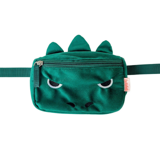 Green dinosaur bum bag with T-Rex print, adjustable waist strap and zip closure, Rockahula Kids children's hands-free adventure bag, birthday gift for dino fans aged 3 plus