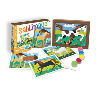 Sand art kit for kids with 4 horse picture cards and 16 colours of fine sand, Sentosphère Sablimage peel-and-pour craft activity, creative gift for horse lovers aged 4 plus