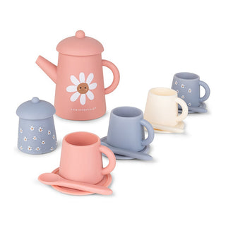 Silicone play tea set for kids with teapots, cups and spoons, Swim Essentials Daisy Flower design, easy-clean pretend tea parties at the beach or bath
