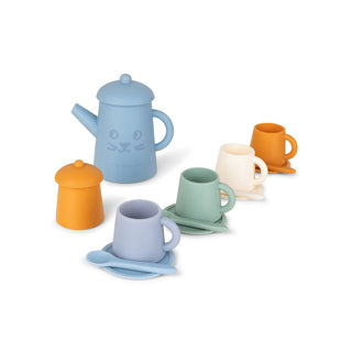 Silicone play tea set for kids with teapots, cups and spoons, Swim Essentials Pure Tones design, easy-clean pretend tea parties at the beach or bath