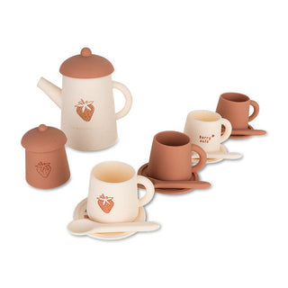 Silicone play tea set for kids with teapots, cups and spoons, Swim Essentials Red and White Strawberry Fields design, easy-clean pretend tea parties at the beach or bath