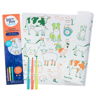Farm animals learning placemat for kids with farmyard scenes and 4 washable markers, Super Petit reusable silicone educational colouring mat 40 x 30 cm, toddler gift, ages 3 plus