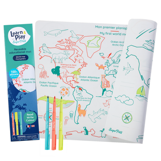 Educational world map placemat for kids with continents and 4 washable markers, Super Petit reusable silicone geography colouring mat 40 x 30 cm, learning gift, ages 3 plus