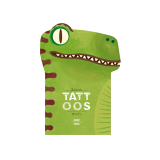 Temporary dinosaur tattoos for kids with 10 prehistoric T-Rex designs in packaging, Londji Kids Temporary Tattoos Jurassic dermatologically tested non-toxic, dino party bag filler