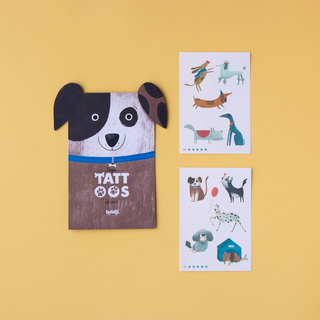 Sheet of 10 dog temporary tattoos with illustrated puppy designs, Londji Kids Temporary Tattoos Dogs non-toxic water-transfer body art for children, made in Spain