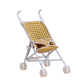Tiny Harlow dolls stroller in mustard gingham fabric with white lightweight frame, removable washable seat cover and easy-push wheels for pretend play