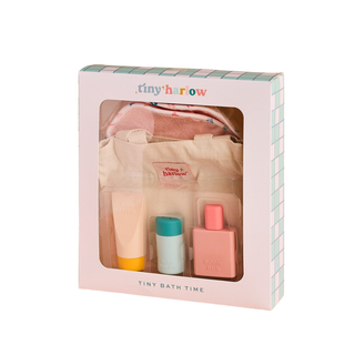 Tiny Harlow Tiny Bath Time gift set in pink box featuring pretend body lotion, baby powder, bubble bath, hooded towel and carry tote for doll bath time play