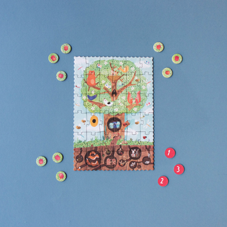 Completed 36-piece tiny apple tree jigsaw with counting cards and spring nature scene, Londji Pommier Tiny pocket puzzle with squirrels, birds and owls for children