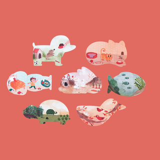Double-sided toddler pet puzzle showing where each animal lives on the reverse, Londji I Love my Pets two-in-one jigsaw with cat basket, dog kennel and rabbit hutch
