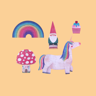 Five progressive unicorn jigsaws from 2 to 10 pieces showing magical birthday party story, Londji Happy Birthday Unicorn Puzzle growing-difficulty set for children