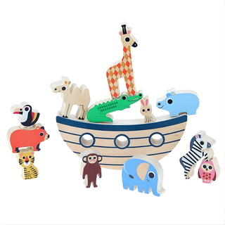 Wooden balancing game for kids with Noah's Ark base and 12 animal pieces in pairs, Vilac FSC-certified stacking challenge, family dexterity gift for children aged 3 plus.