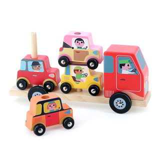 Wooden stacking cars for toddlers with 4 nesting vehicles in graduated sizes, Vilac Empil'Auto FSC-certified toy, first car gift for babies aged 18 months plus