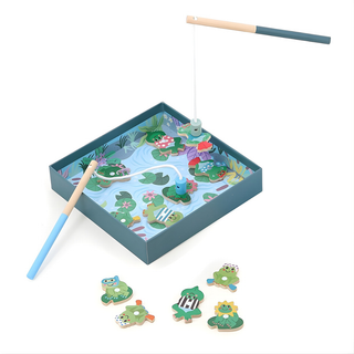 Magnetic fishing game for toddlers with 6 wooden frogs and 2 rods on pond base, Vilac FSC-certified dexterity toy, hand-eye coordination gift for children aged 2 plus