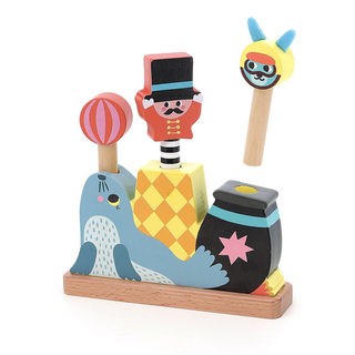 Vilac wooden pop-up circus toy with three colourful spring characters illustrated by Michelle Carlslund, early learning toy for toddlers 18 months and up