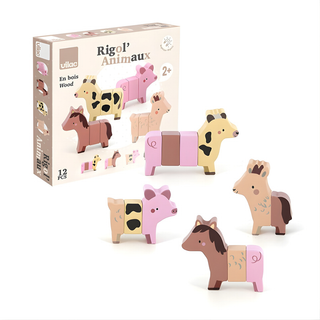 Magnetic mix-and-match farm animals for kids with 12 wooden pieces forming 4 animals, Vilac Rigol'Animo FSC-certified creative toy, funny combination gift for children aged 2 plus, designed in France