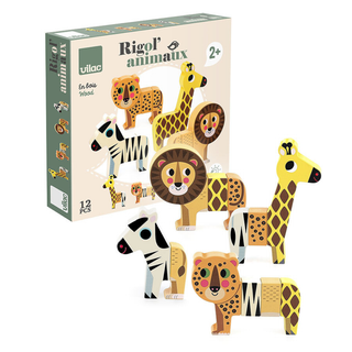 Magnetic mix-and-match safari animals for kids with 12 wooden pieces forming 4 wild animals, Vilac Rigol'Animo FSC-certified creative toy, silly combination gift for children aged 2 plus