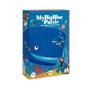 Giant whale-shaped floor puzzle for kids with 36 pieces in illustrated gift box, Londji My Big Blue ocean jigsaw for ages 3 plus, sustainable FSC recycled cardboard