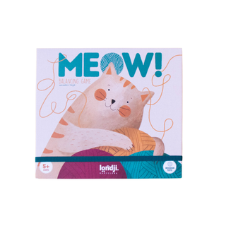 Wooden cat balancing game for kids with wool skein stacking pieces in illustrated box, Londji Meow birch and beech wood family game for 2 to 4 players, ages 3 plus