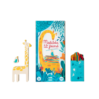 Wooden giraffe stacking game for kids with nest-building balance challenge in illustrated box, Londji Matilda and Friend birch and beech wood family game, ages 3 plus