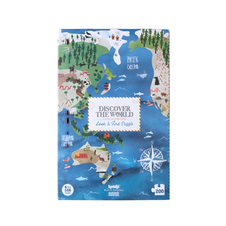 World map landmark jigsaw puzzle with 200 pieces and observation game in illustrated box, Londji Discover the World geography puzzle for kids aged 7 plus, FSC cardboard