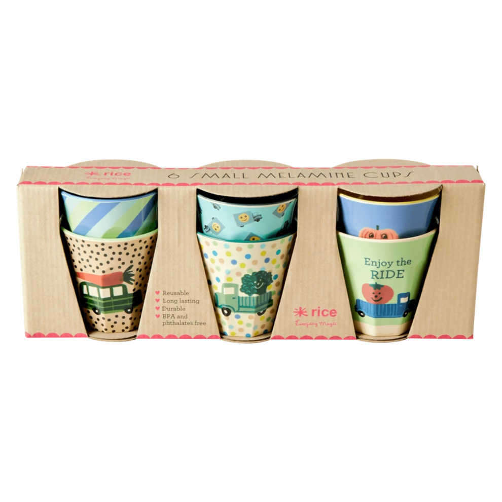 Small Melamine Kids Cups 6 pieces Giftbox - Happy Cars Prints