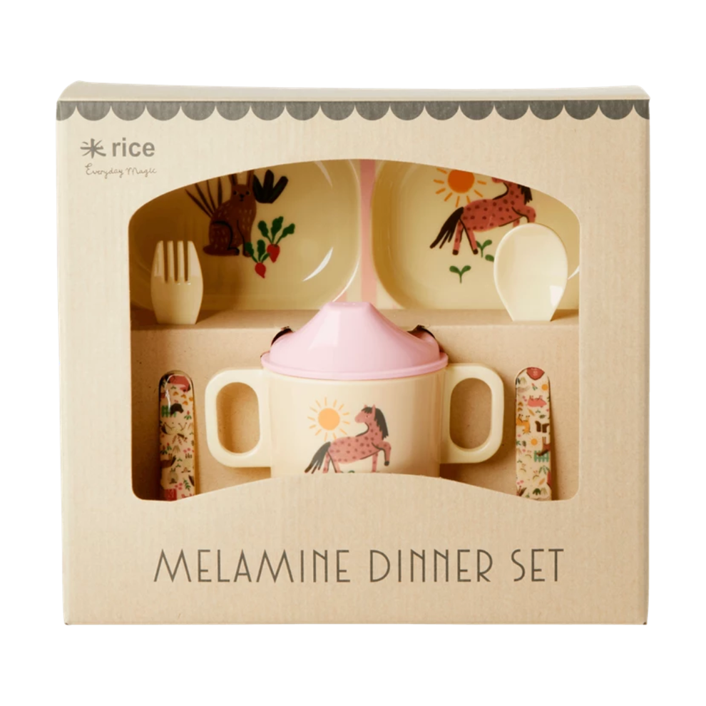 Melamine Baby Dinner 4 pieces Set in Gift Box - Soft Pink Farm Print