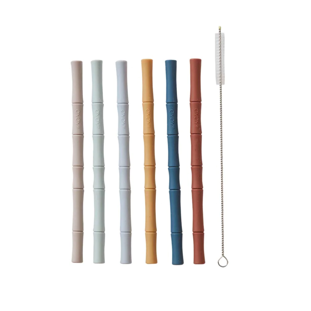 Bamboo Silicone Straw 6-pack - Caramel, Blue